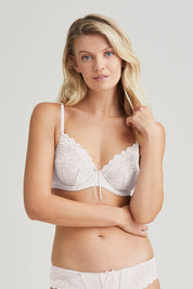 A model wearing the Yvette Underwire Bra in colour White (White), from the front, showing the whole outfit