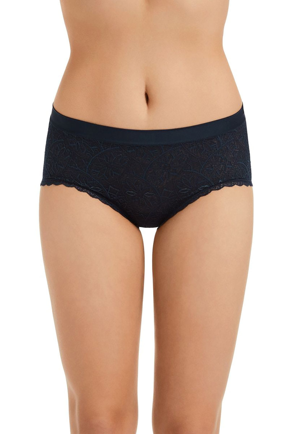 A model wearing the Barely There Lace Full Brief in colour Navy (Blue), from the front, cropped image