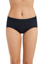 A model wearing the Barely There Lace Full Brief in colour Navy (Blue), from the front, cropped image