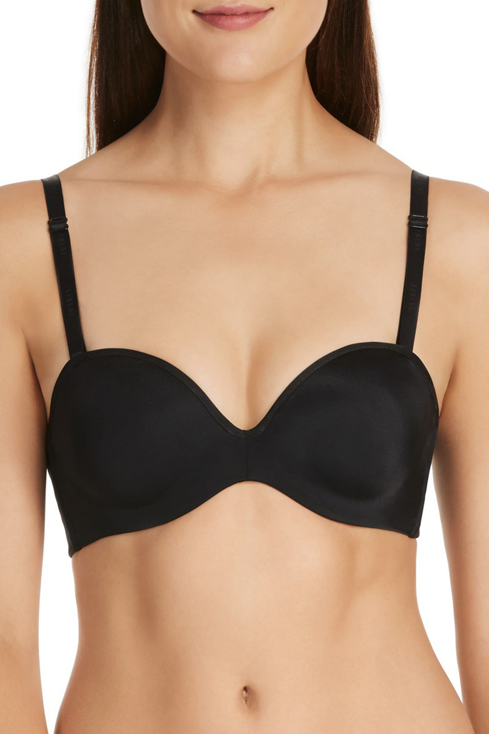 A model wearing the Ultimate Strapless Bra in colour Black (Black), from the front, cropped image