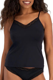 Model Genericm wearing size sample of the Marais Cotton Cami - Black in colour Black, in a cropped view