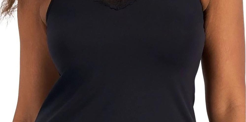 Model Genericm wearing size sample of the Marais Cotton Cami - Black in colour Black, in a cropped view