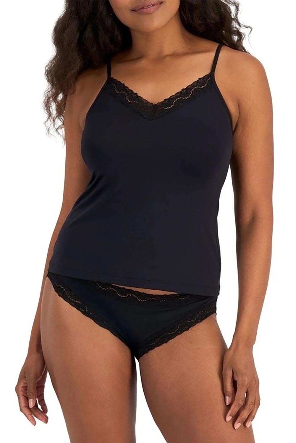 Model Genericm wearing size sample of the Marais Cotton Cami - Black in colour Black, in a cropped view