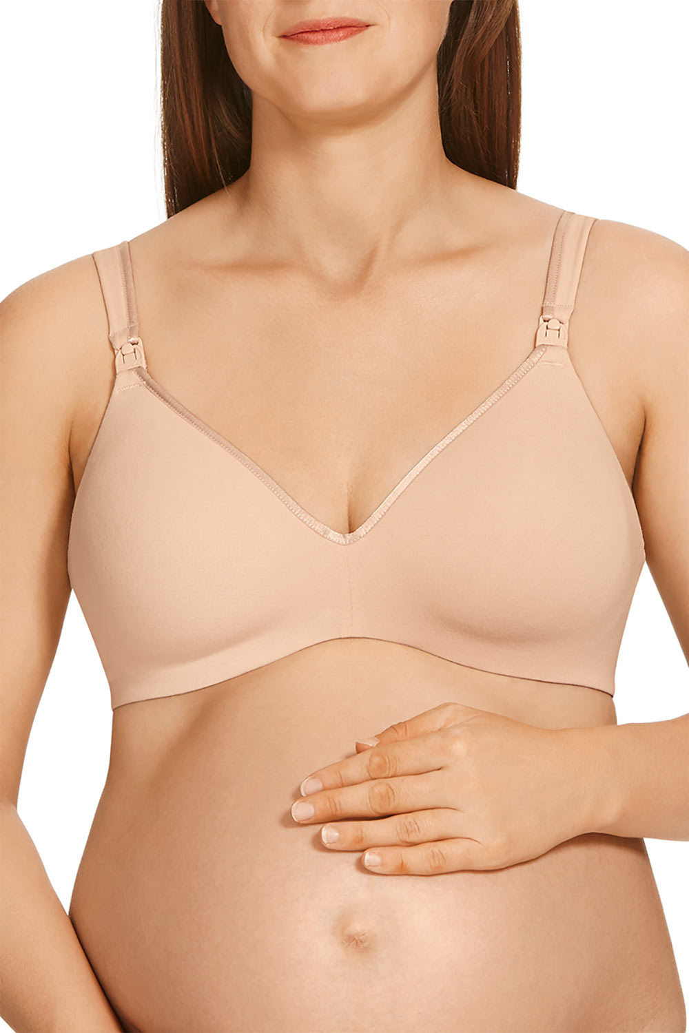 A model wearing the Cotton Maternity Bra in colour SoftPowder, from the front, cropped image