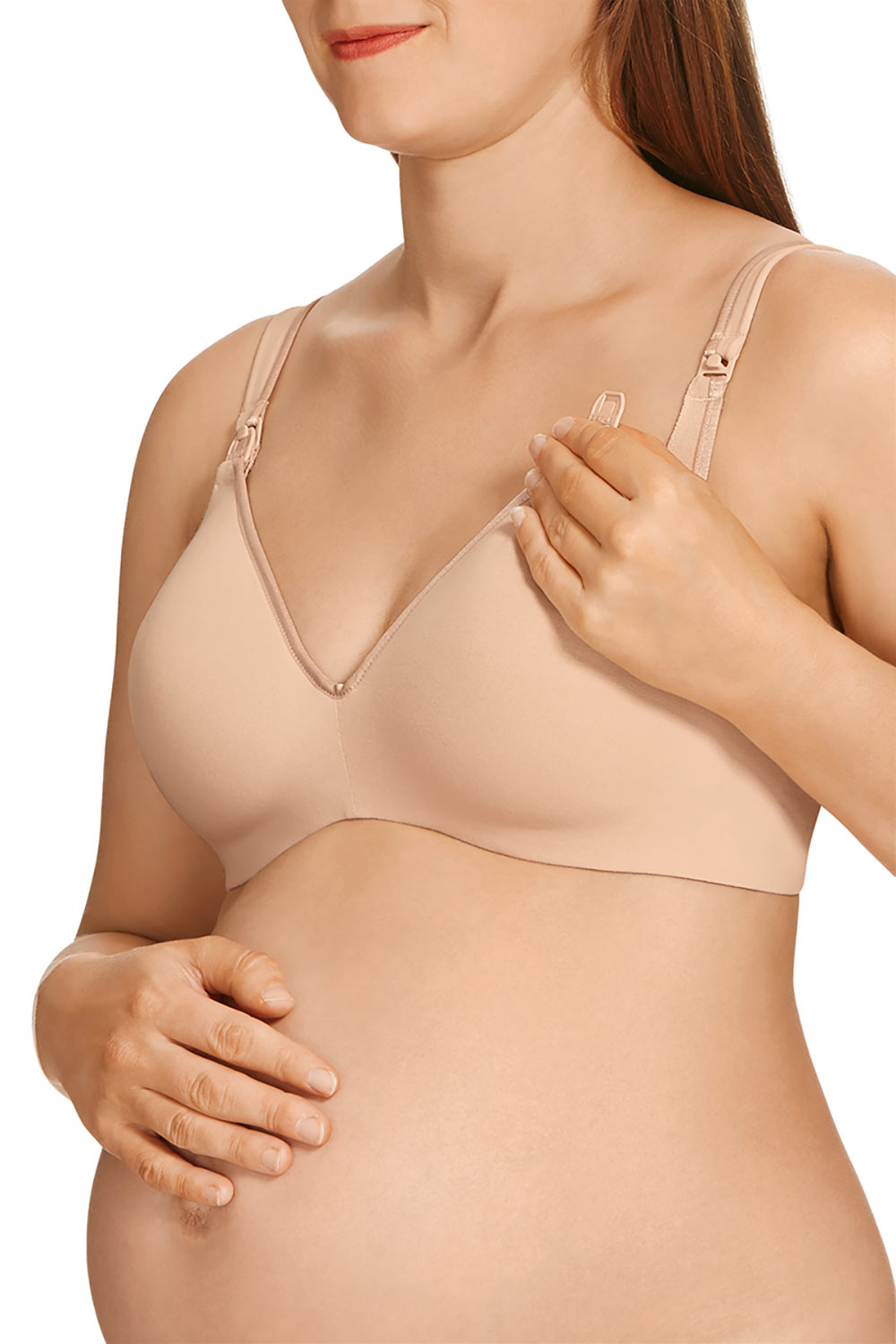 A model wearing the Cotton Maternity Bra in colour SoftPowder, from the front, cropped image