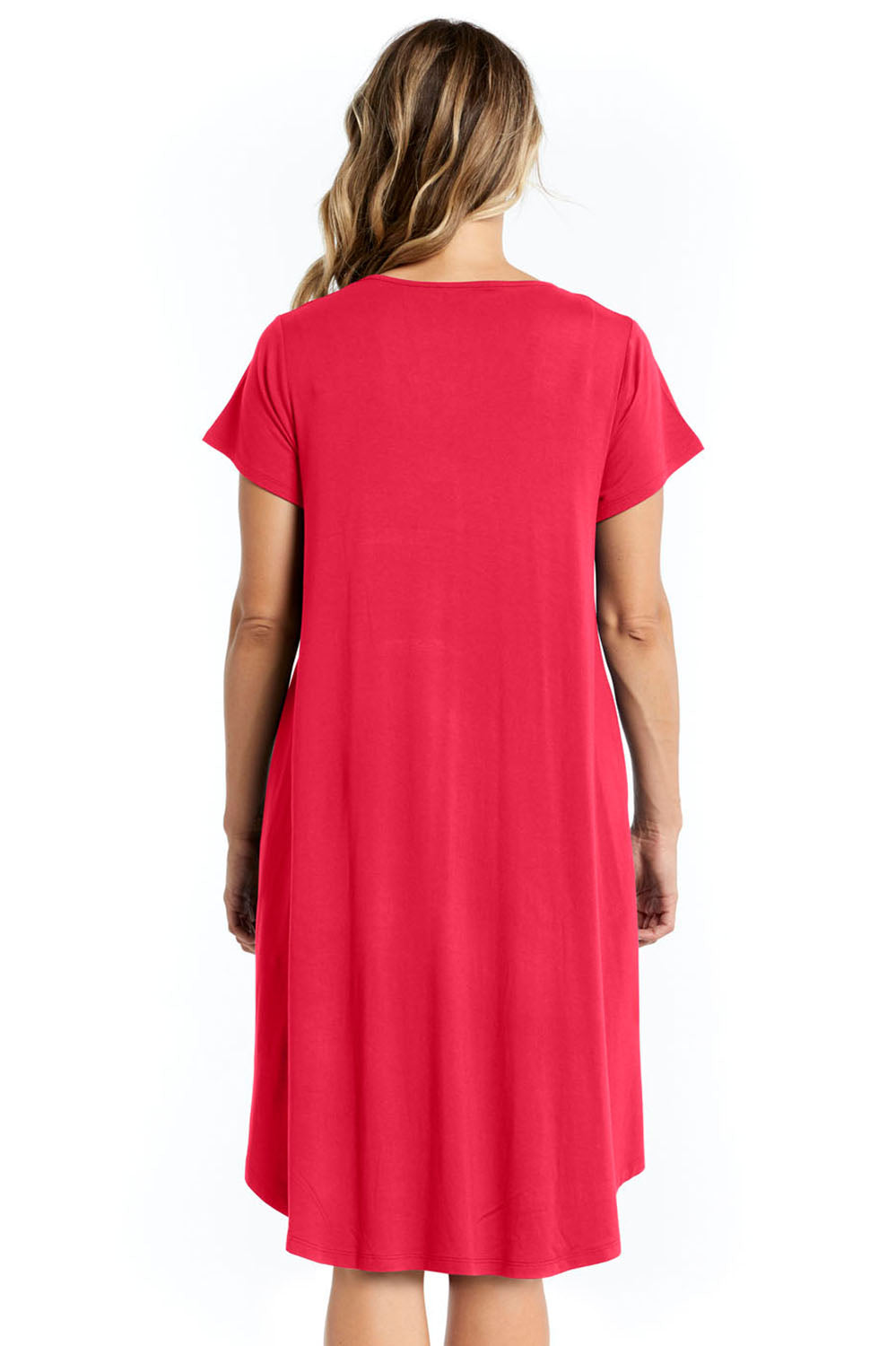A model wearing the Brooke Dress in colour Rosered (Red), from the back