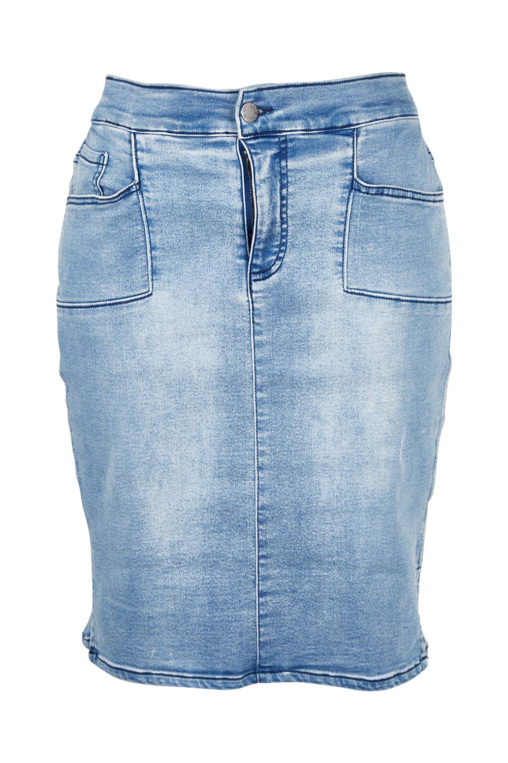 Product shot of the Avici Denim Skirt in colour Lightsky (Blue), from the front