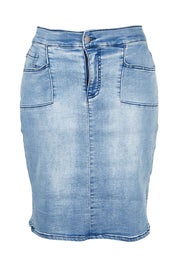 Product shot of the Avici Denim Skirt in colour Lightsky (Blue), from the front