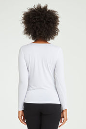 Model Olivia wearing size 10 of the Kelli Long Sleeve Top in colour White (White), from the back