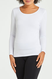Model Olivia wearing size 10 of the Kelli Long Sleeve Top in colour White (White), from the front, cropped image