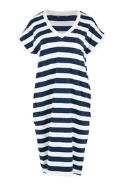 Product shot of the Zena Cotton Tin colourShirt Dress - Navystripe (Blue), from the front