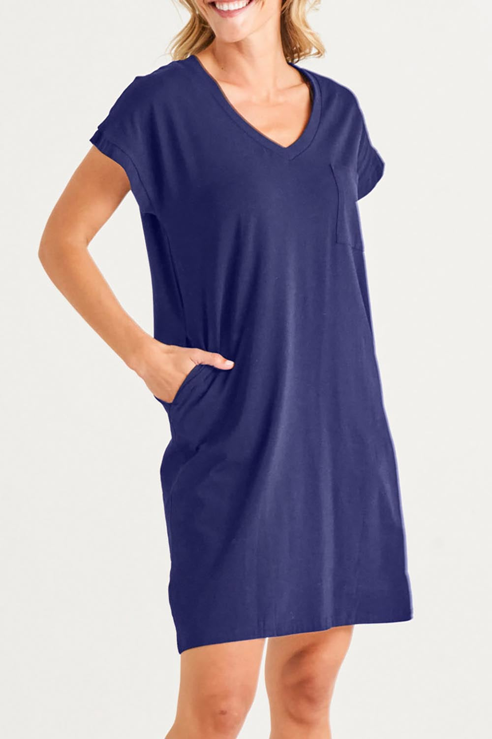A model wearing the Zena Cotton Tin colourShirt Dress - Ashblue (Blue), from the front, cropped image