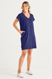 A model wearing the Zena Cotton Tin colourShirt Dress - Ashblue (Blue), from the front, showing the whole outfit