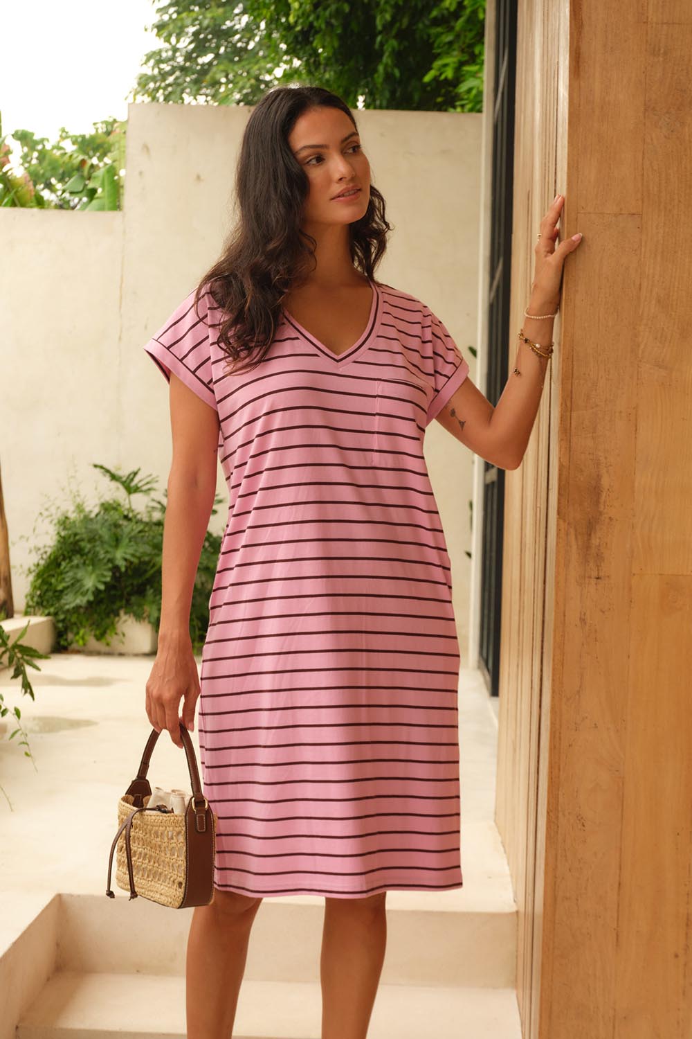Model Genericm wearing size sample of the Zena T-Shirt Dress – Pinkchoc in colour Pinkchoc, from an angle