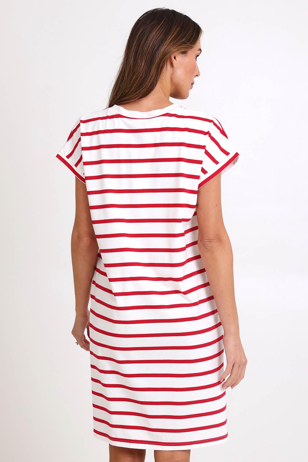 Model Madelinec wearing size 10 of the Zena T-Shirt Dress – Red in colour Red, from the back