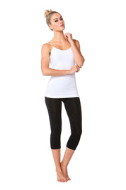A model wearing the Bridget 3/4 Legging in colour Black (Black), from the front, showing the whole outfit