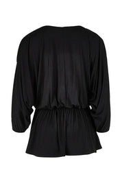 Product shot of the Bayeaux Wrap Top in colour Black (Black), from the back