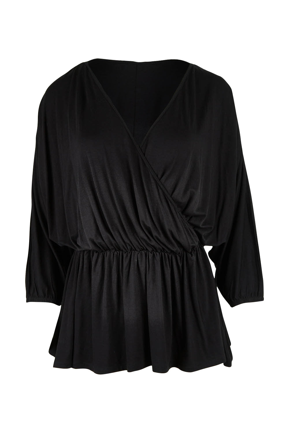 Product shot of the Bayeaux Wrap Top in colour Black (Black), from the front