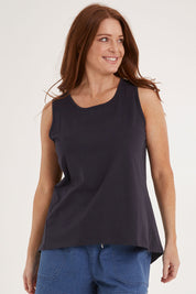 Model Sally wearing size 10 of the Josie Tank in colour Coal (Black), from the front, cropped image