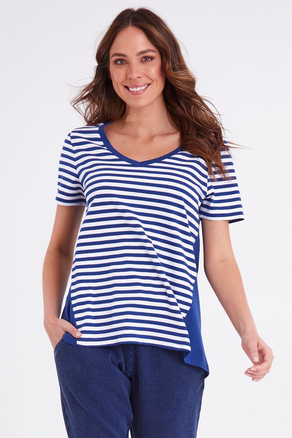 Model Madeline wearing size 10 of the Luella Tee in colour Oceanstrip (Blue), from the front, cropped image