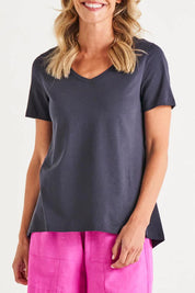 A model wearing the Luella Australian Cotton Tee in colour Coal (Black), from the front, cropped image