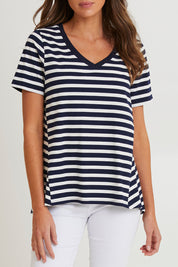 Model Madeline wearing size 10 of the Luella Australian Cotton Tee in colour Navystripe (Blue), from the front, cropped image