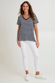 Model Madeline wearing size 10 of the Luella Australian Cotton Tee in colour Navystripe (Blue), from the front, showing the whole outfit