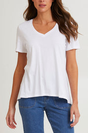 Model Madeline wearing size 10 of the Luella Australian Cotton Tee in colour White (White), from the front, cropped image