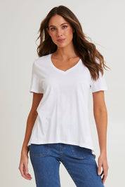 Model Madeline wearing size 10 of the Luella Australian Cotton Tee in colour White (White), from the front, cropped image