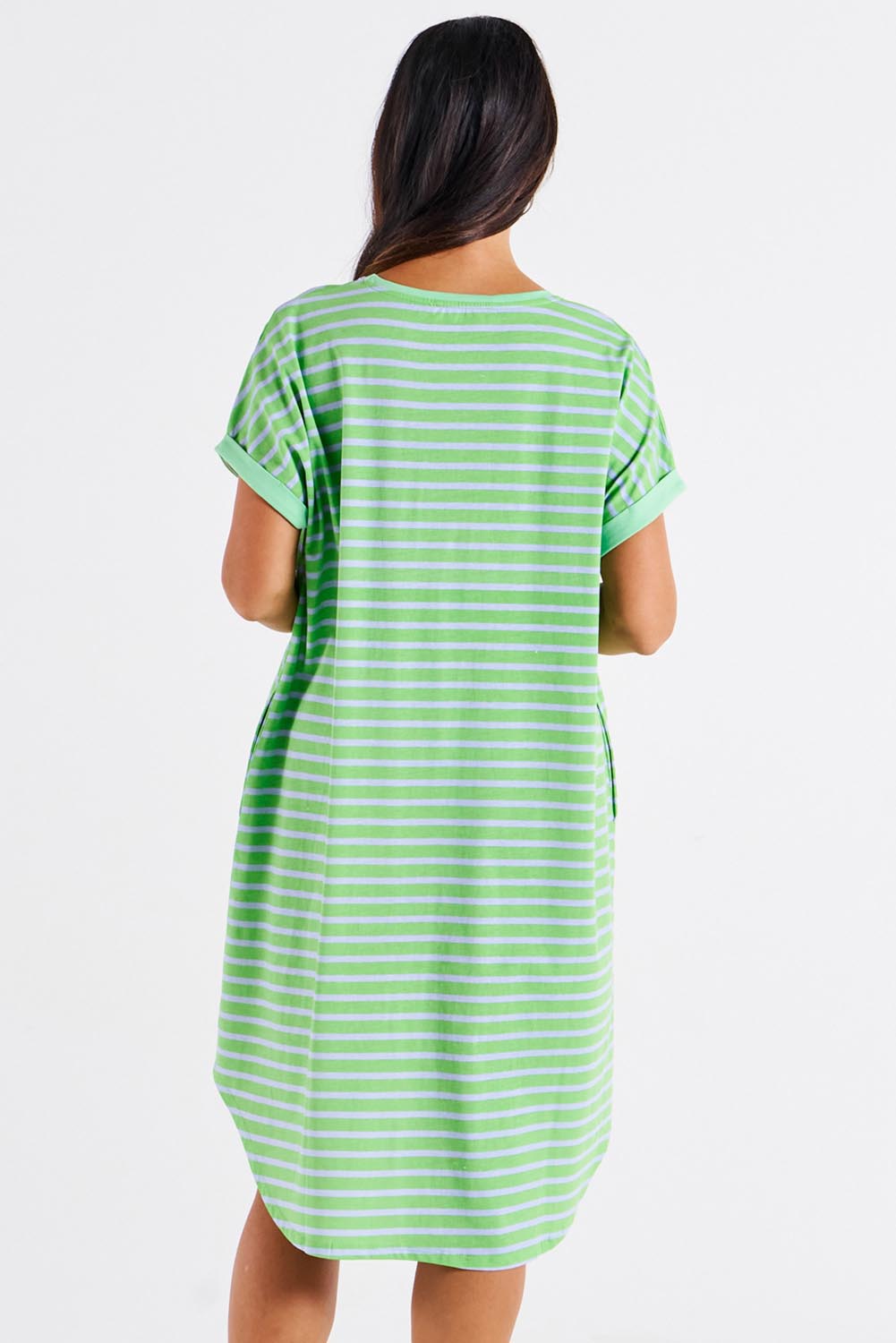 A model wearing the Maxine Australian Cotton Tin colourShirt Dress - Grnteastr (Green), from the back