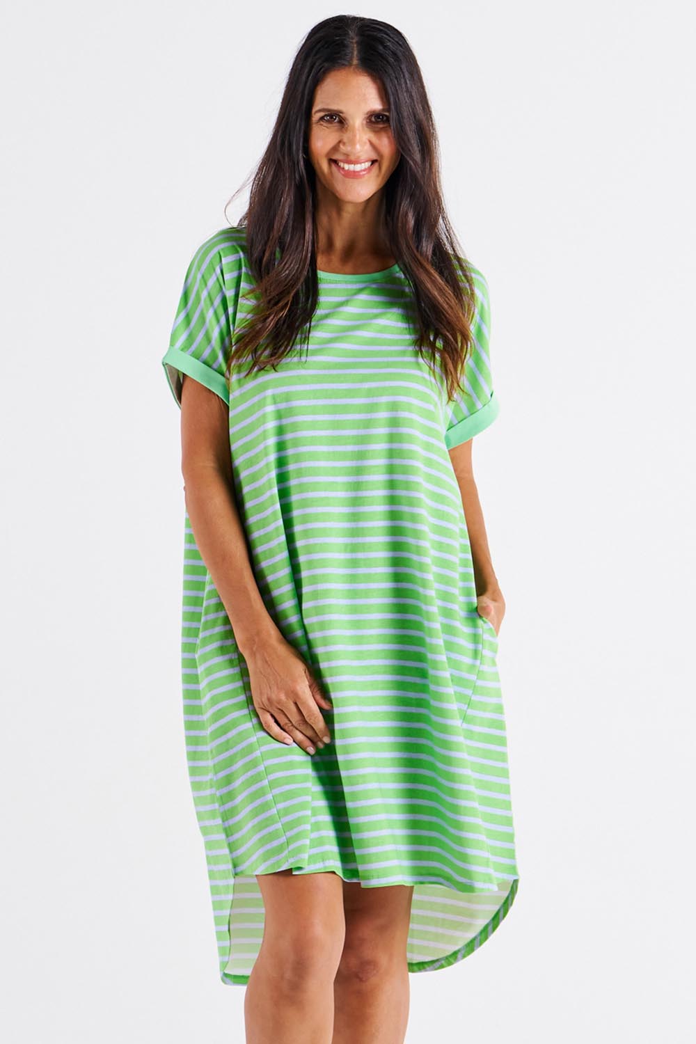 A model wearing the Maxine Australian Cotton Tin colourShirt Dress - Grnteastr (Green), from the front, cropped image
