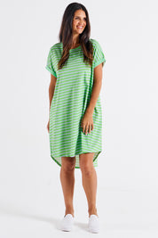 A model wearing the Maxine Australian Cotton Tin colourShirt Dress - Grnteastr (Green), from the front, showing the whole outfit