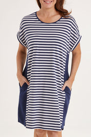 Model Sally wearing size 10 of the Maxine Tin colourShirt Dress - Oceanstrip (Blue), from the front, cropped image