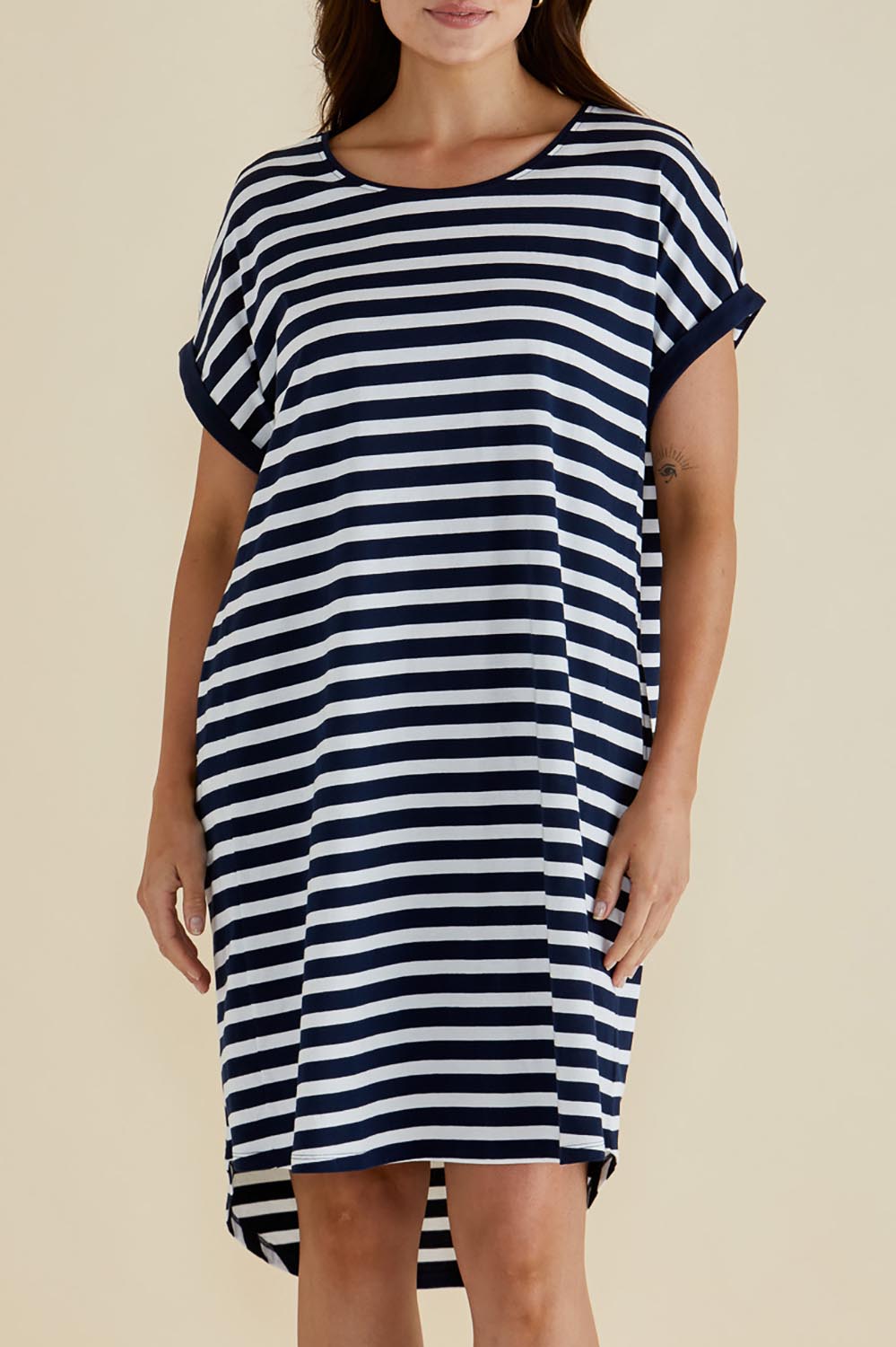 A model wearing the Maxine Australian Cotton Tin colourShirt Dress - Navystripe (Blue), from the front, cropped image
