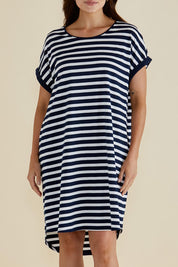 A model wearing the Maxine Australian Cotton Tin colourShirt Dress - Navystripe (Blue), from the front, cropped image