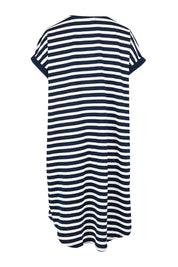 Product shot of the Maxine Australian Cotton Tin colourShirt Dress - Navystripe (Blue), from the back