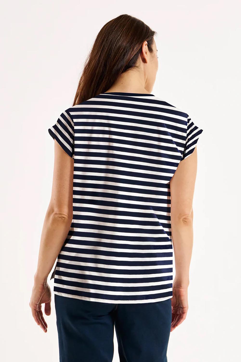A model wearing the Michaela Australian Cotton Top in colour Navystripe (Blue), from the front, cropped image