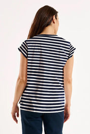 A model wearing the Michaela Australian Cotton Top in colour Navystripe (Blue), from the front, cropped image