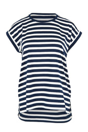 Product shot of the Michaela Australian Cotton Top in colour Navystripe (Blue), from the front