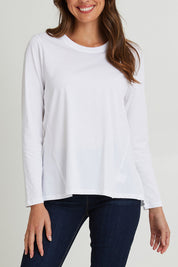Model Madeline wearing size 10 of the Sydney Long Sleeve Tee in colour White (White), from the front, cropped image