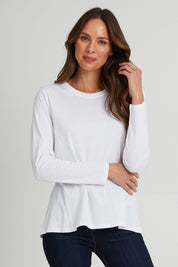 Model Madeline wearing size 10 of the Sydney Long Sleeve Tee in colour White (White), from the front, cropped image