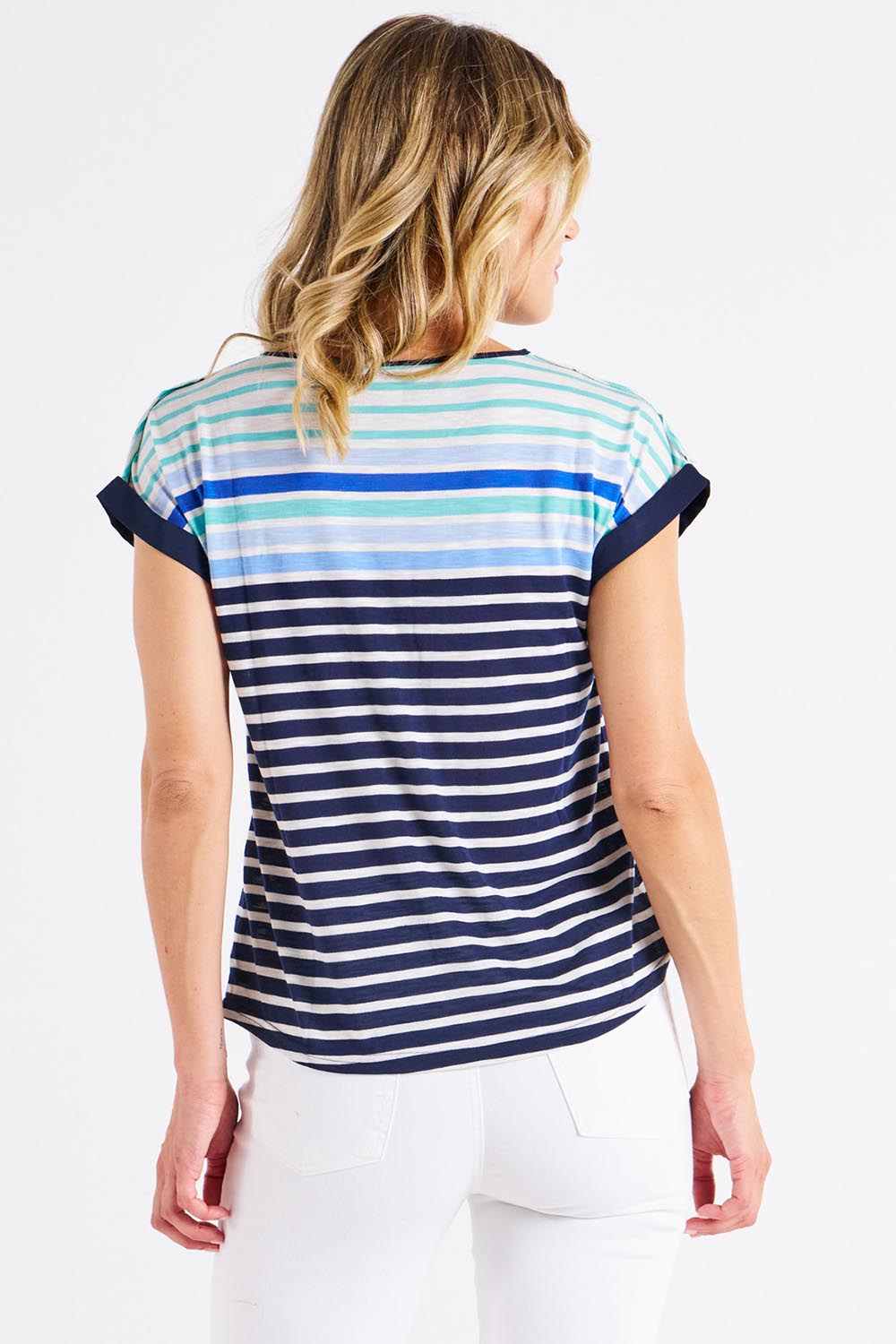 A model wearing the Gracie Cotton Tee in colour Bluehaze (Blue), from the back