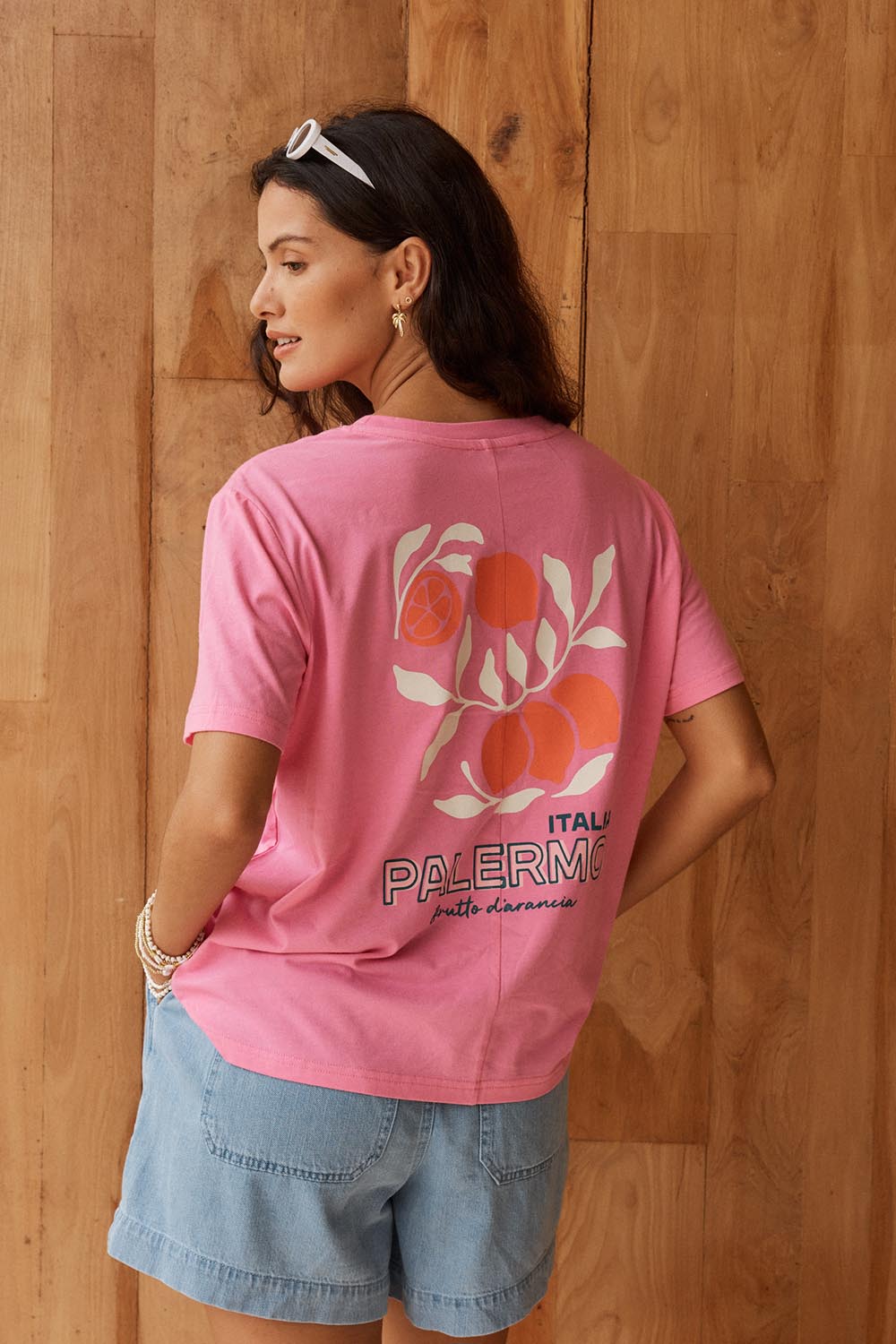 Model Genericm wearing size sample of the Ellia Print Tee – Italian in colour Italian, from the back
