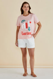 A model wearing the Ellia Cotton Crew Tee in colour Santorini (Pink), from the front, showing the whole outfit