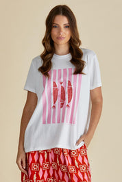 A model wearing the Ellia Cotton Crew Tee in colour Sardinia (White), from the front, cropped image
