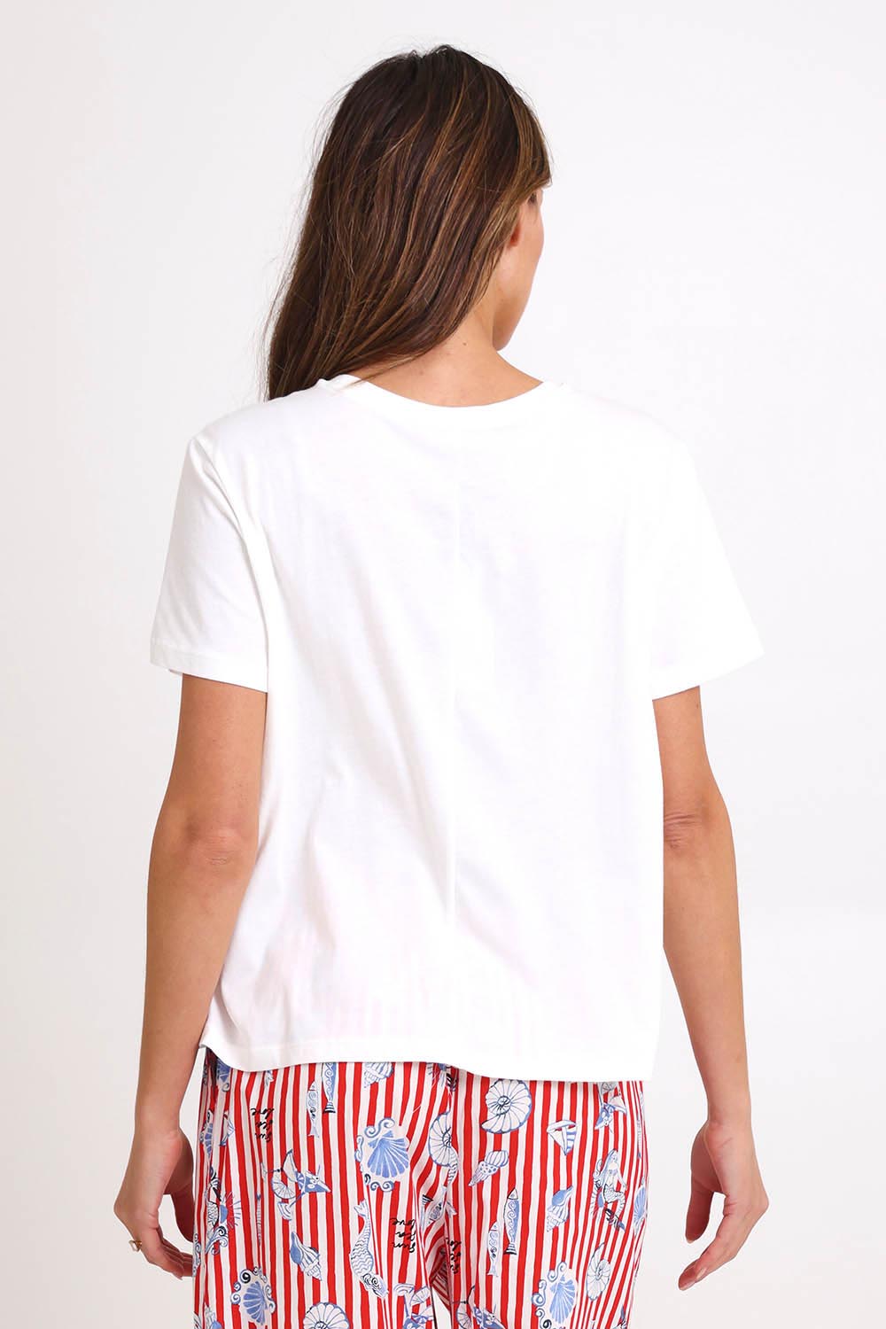 Model Madelinec wearing size 10 of the Ellia Crew Tee – Sunsea in colour Sunsea, from the back