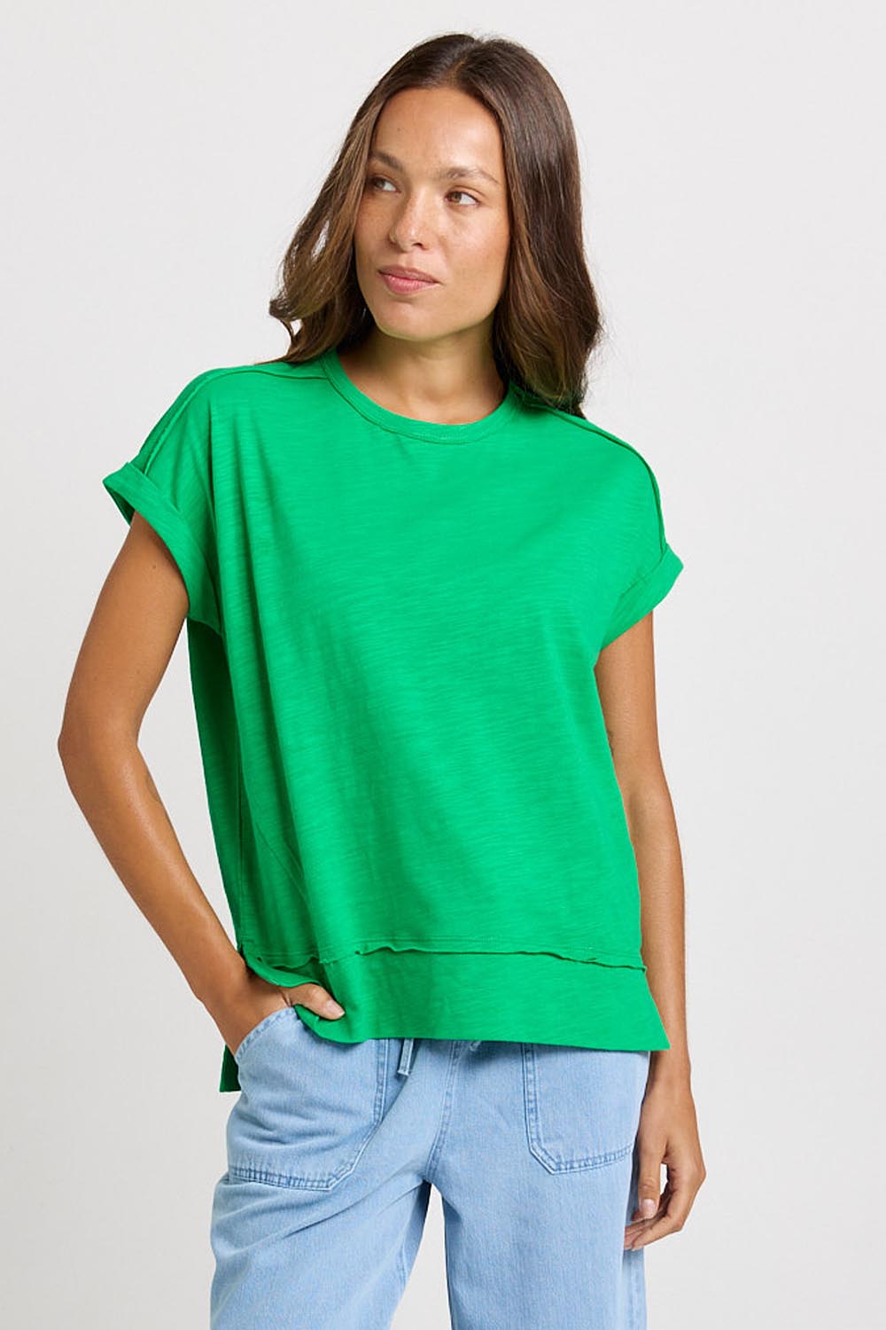 Model Genericm wearing size sample of the Shirley Short Sleeve Tee – Green in colour Green, in a cropped view