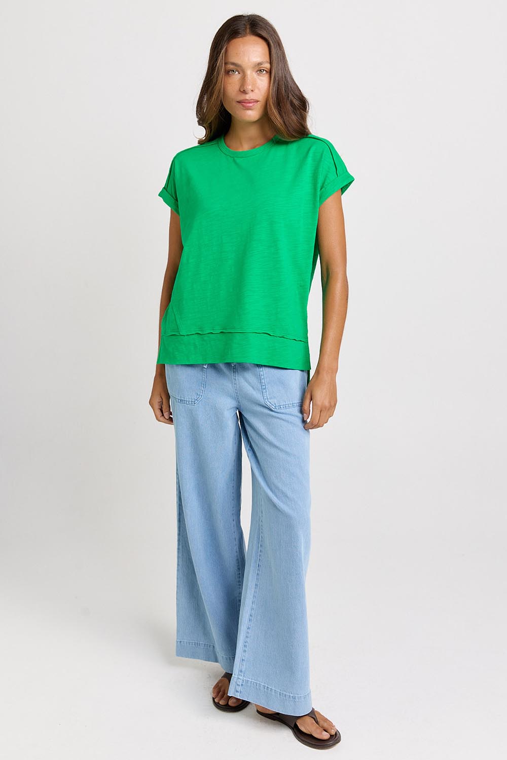 Model Genericm wearing size sample of the Shirley Short Sleeve Tee – Green in colour Green, from the front
