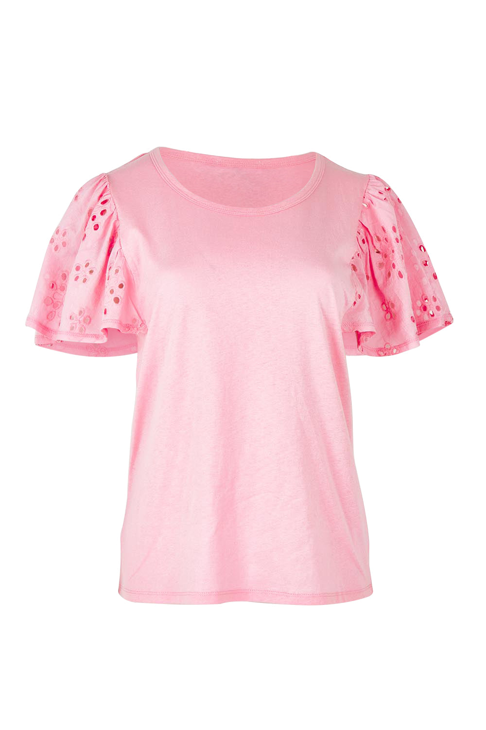 Product shot of the Lottie Embroidered Cotton Tee in colour Pink (Pink), from the front