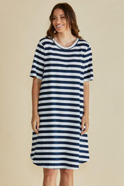 A model wearing the Eloise Cotton Tin colourShirt Dress - Navy (Blue), from the front, cropped image